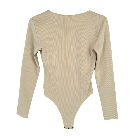 Samantha‎ Eng. Ribbed Long Sleeve Deep V-Neck Bodysuit in Cream Beige Medium - Picture 2 of 7
